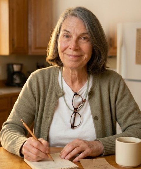 Carol at her kitchen table, writing in a notebook