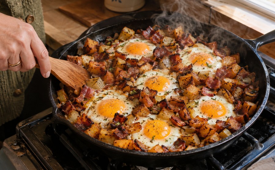 Potato and egg hash in a cast iron skillet