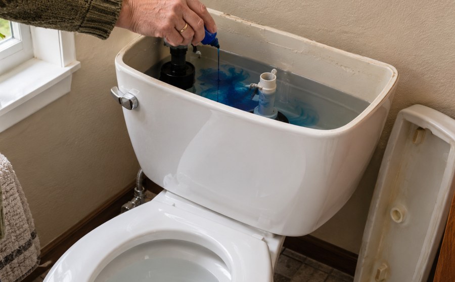 Blue food coloring dropped into a toilet tank to test for a leak