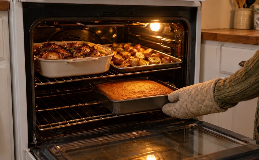 A full oven with chicken, potatoes and cornbread baking together